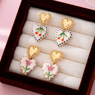 Cherry Heart Ceramic Drop Earrings