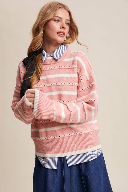Striped Open-Stitch Pullover Sweater LSW1015