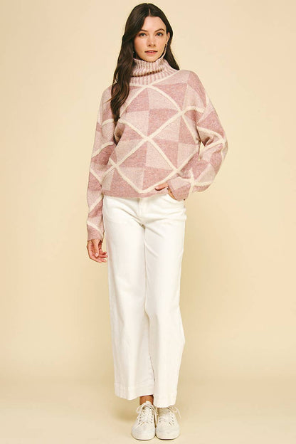 DIAMOND PATTERN TURTLE NECK SWEATER - 6354WS