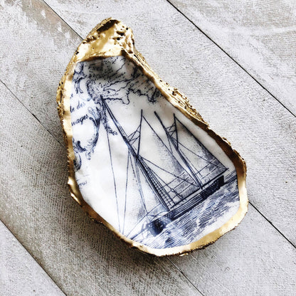 Decoupage Oyster Ring Dish--White Sailboat Print