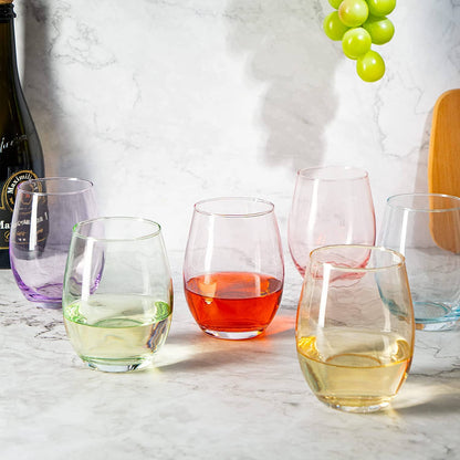 Stemless Colored Wine Glasses, Multicolor - 12 oz - Set of 6