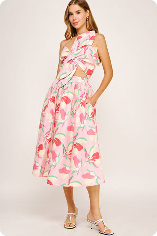 Knotted Flower Bow Floral Midi Dress