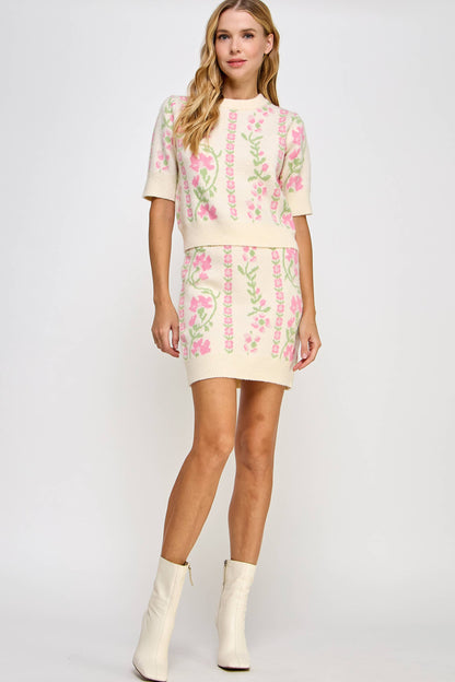 Floral Intarsia Sweater Mini Skirt