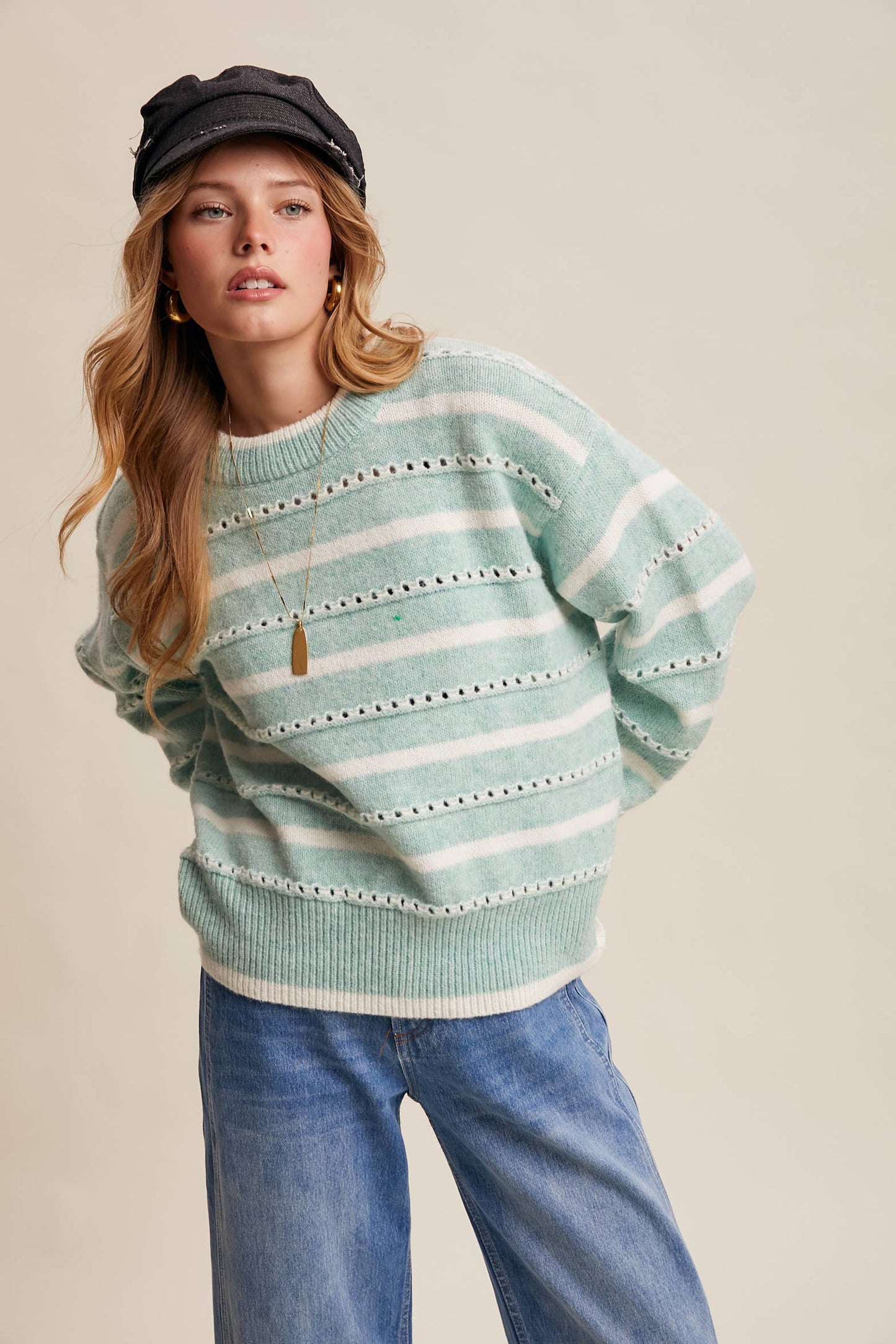 Striped Open-Stitch Pullover Sweater LSW1015