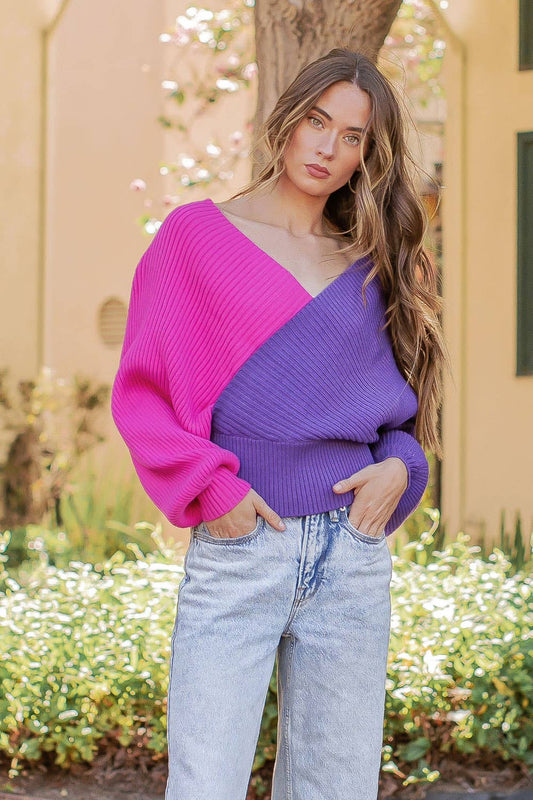 Color Block Wrap Surplice Sweater