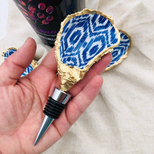 Oyster Shell Wine Stopper--Blue Ikat