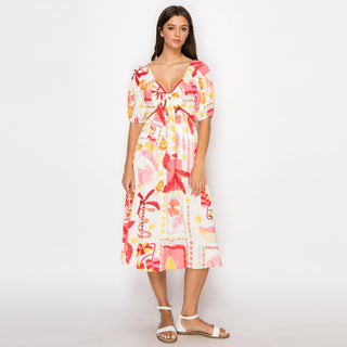 Pink Banana Retro Tropical Print Midi Dress