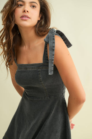 DENIM STRAP TIE MINI DRESS