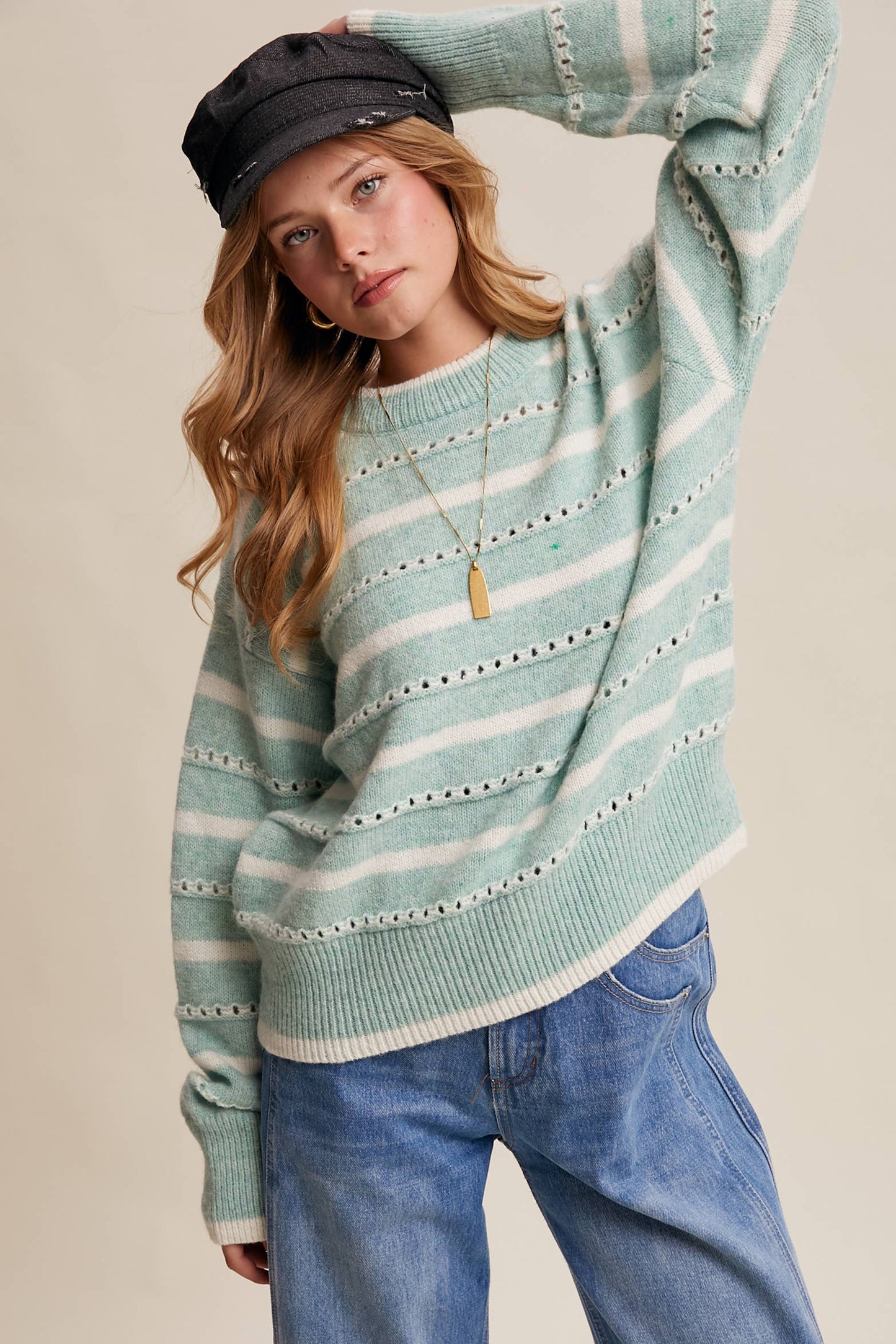 Striped Open-Stitch Pullover Sweater LSW1015