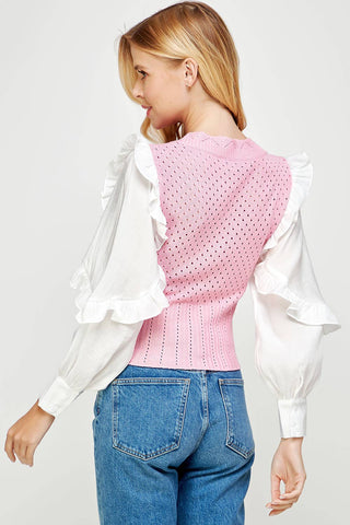 Mixed Fabric Ruffled Sleeve Crochet Knit Sweater