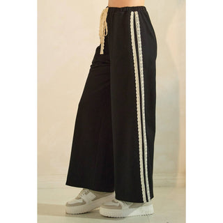 LACE STRIPED ELASTIC WAIST TERRY SWEATPANTS