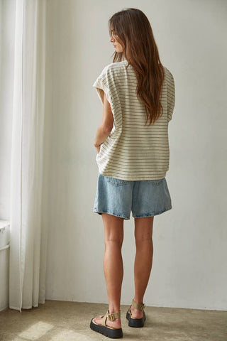 Knit Striped Jersey Round Neck Short Sleeve Top