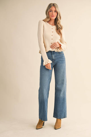 RUFFLE HEM RIBBED KNIT SWEATER CARDIGAN