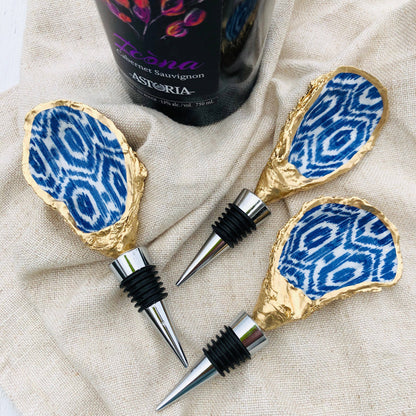 Oyster Shell Wine Stopper--Blue Ikat