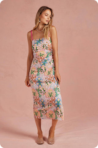 Summer in the Garden Pleated Satin Midi Dress