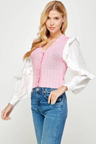 Mixed Fabric Ruffled Sleeve Crochet Knit Sweater