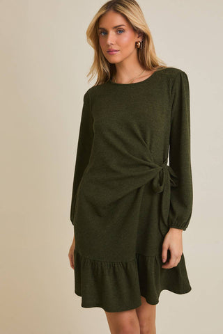 ROUND NECK LONG SLEEVE SIDE TIE DRESS