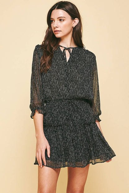 DOTTED RUFFLE 3/4 DRESS - BLACK DOT