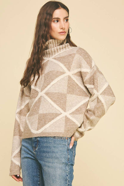 DIAMOND PATTERN TURTLE NECK SWEATER - 6354WS