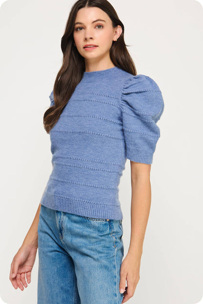 Mock Neck Puff Sleeve Pointelle Knit Sweater Top