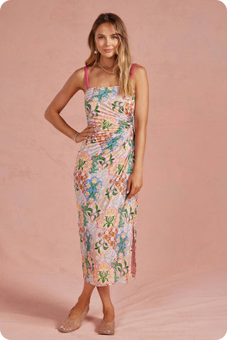 Summer in the Garden Pleated Satin Midi Dress