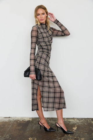 PLAID MESH MIDI DRESS