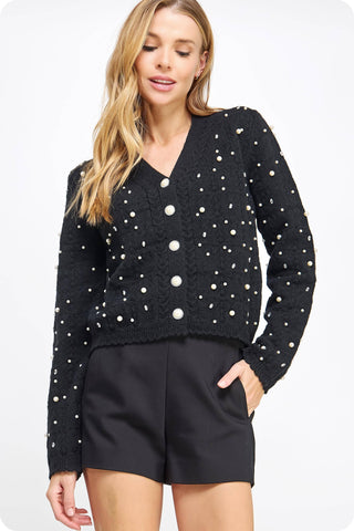 Pretty in Pearls Rhinestone Studded Knit Cardigan