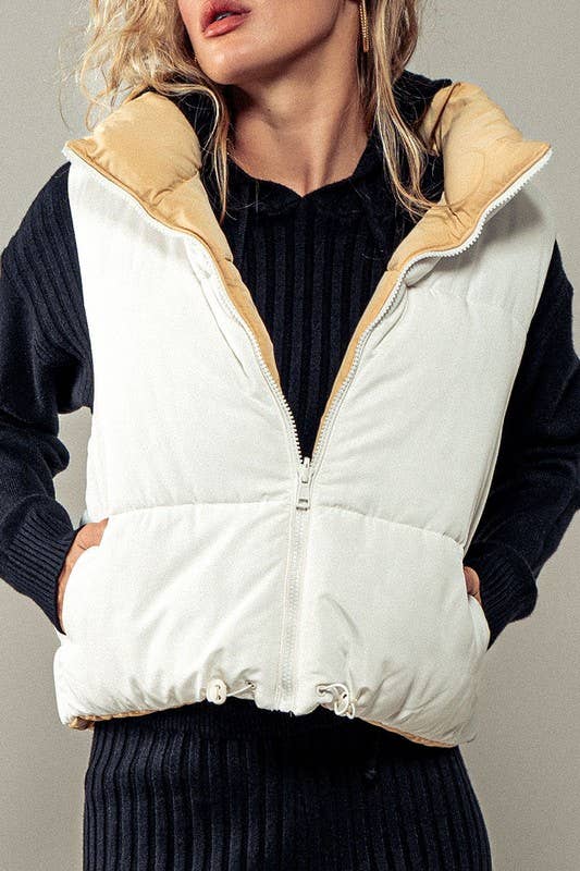 Cozy N Cute Reversible Stand Collar Cropped Puffer Vest