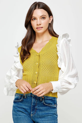 Mixed Fabric Ruffled Sleeve Crochet Knit Sweater