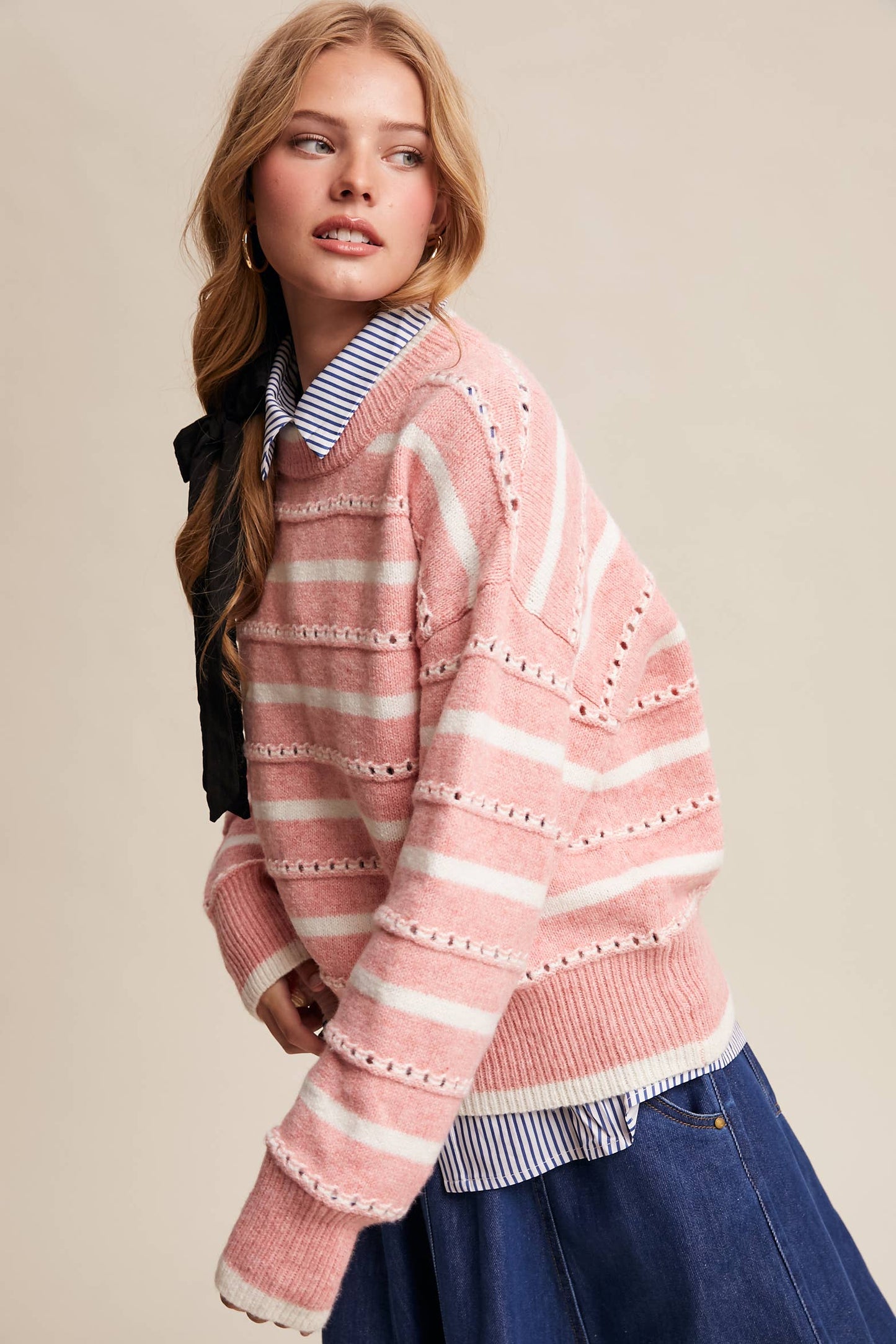 Striped Open-Stitch Pullover Sweater LSW1015