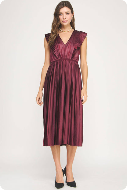 Lady in Luxe Sleeveless Pleated Satin Midi Dress