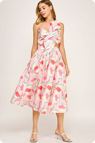 Knotted Flower Bow Floral Midi Dress