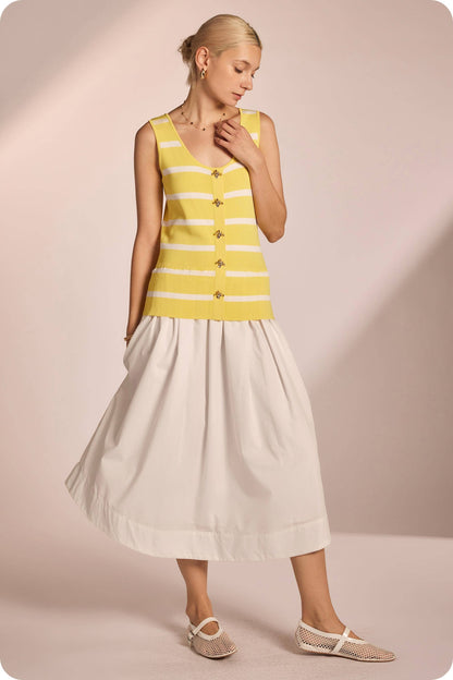 Mixed Media Striped Knit Midi Dress