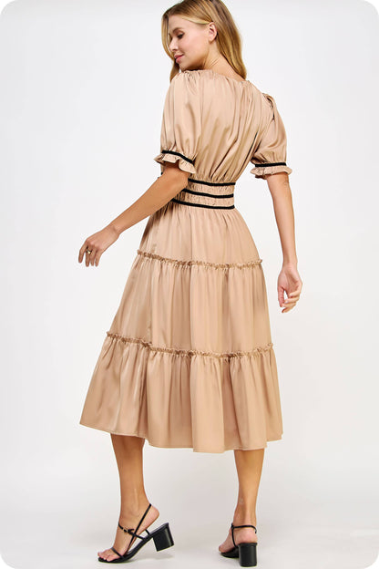 Velvet Trim Ruched Satin Midi Dress