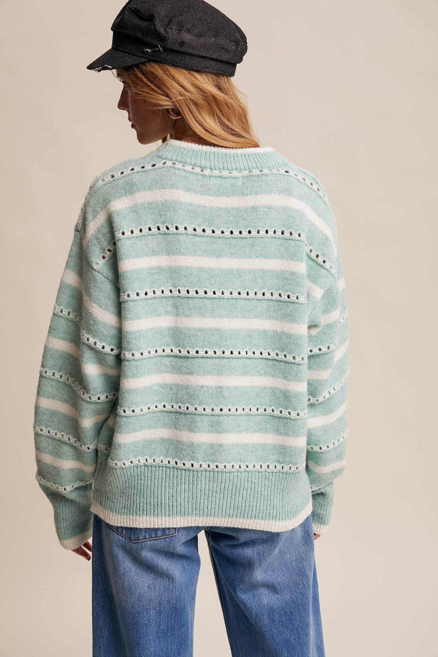 Striped Open-Stitch Pullover Sweater LSW1015