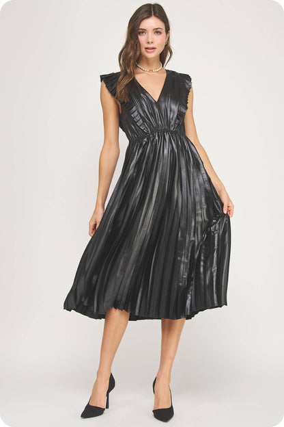 Lady in Luxe Sleeveless Pleated Satin Midi Dress