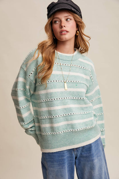 Striped Open-Stitch Pullover Sweater LSW1015