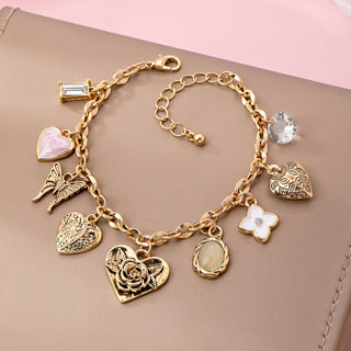 Gold Charm Bracelet with Hearts & Flowers
