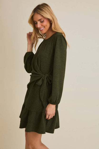ROUND NECK LONG SLEEVE SIDE TIE DRESS