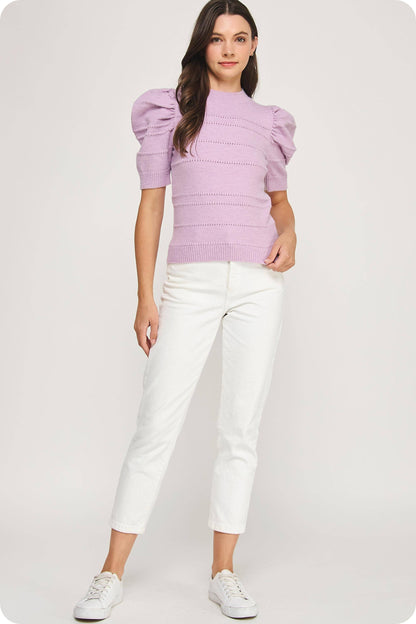 Mock Neck Puff Sleeve Pointelle Knit Sweater Top