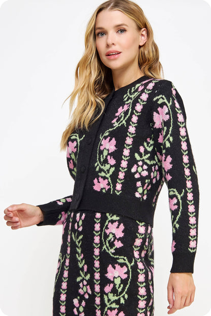 Floral Intarsia Sweater Cardigan