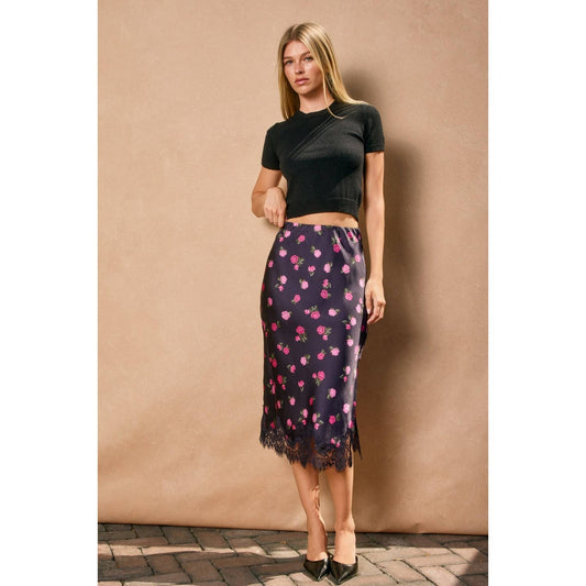 Dark Bloom Satin/Lace Hem Pencil Skirt