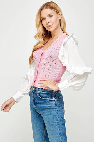 Mixed Fabric Ruffled Sleeve Crochet Knit Sweater