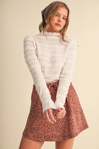 SHIRRED LONG SLEEVE MOCK NECK TOP