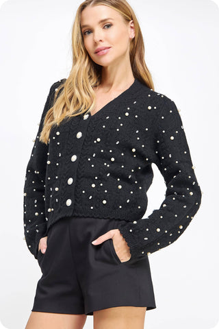 Pretty in Pearls Rhinestone Studded Knit Cardigan
