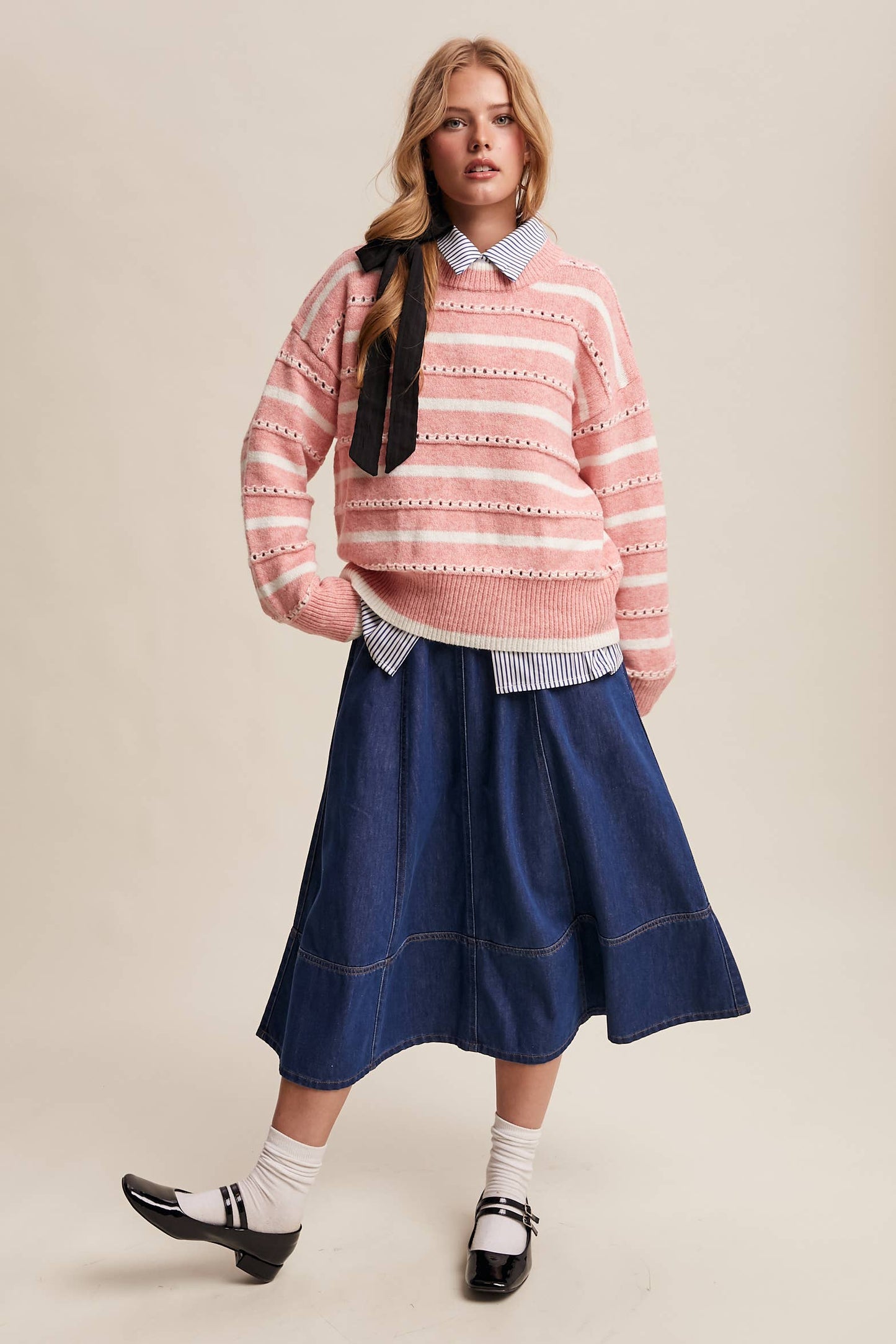 Striped Open-Stitch Pullover Sweater LSW1015
