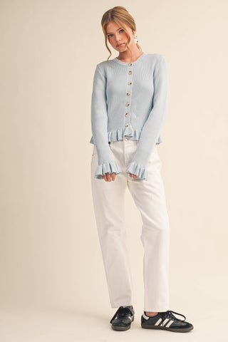 RUFFLE HEM RIBBED KNIT SWEATER CARDIGAN