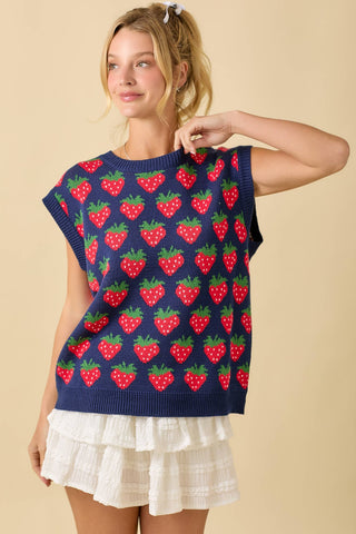 Strawberry Oversized Sleeveless Sweater Knit Top