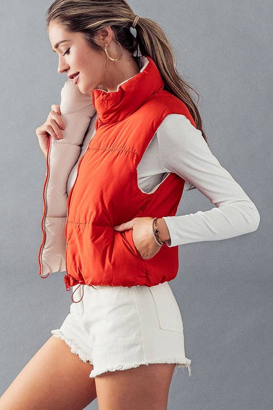 Cozy N Cute Reversible Stand Collar Cropped Puffer Vest