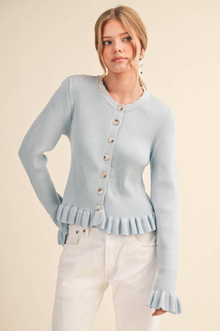 RUFFLE HEM RIBBED KNIT SWEATER CARDIGAN